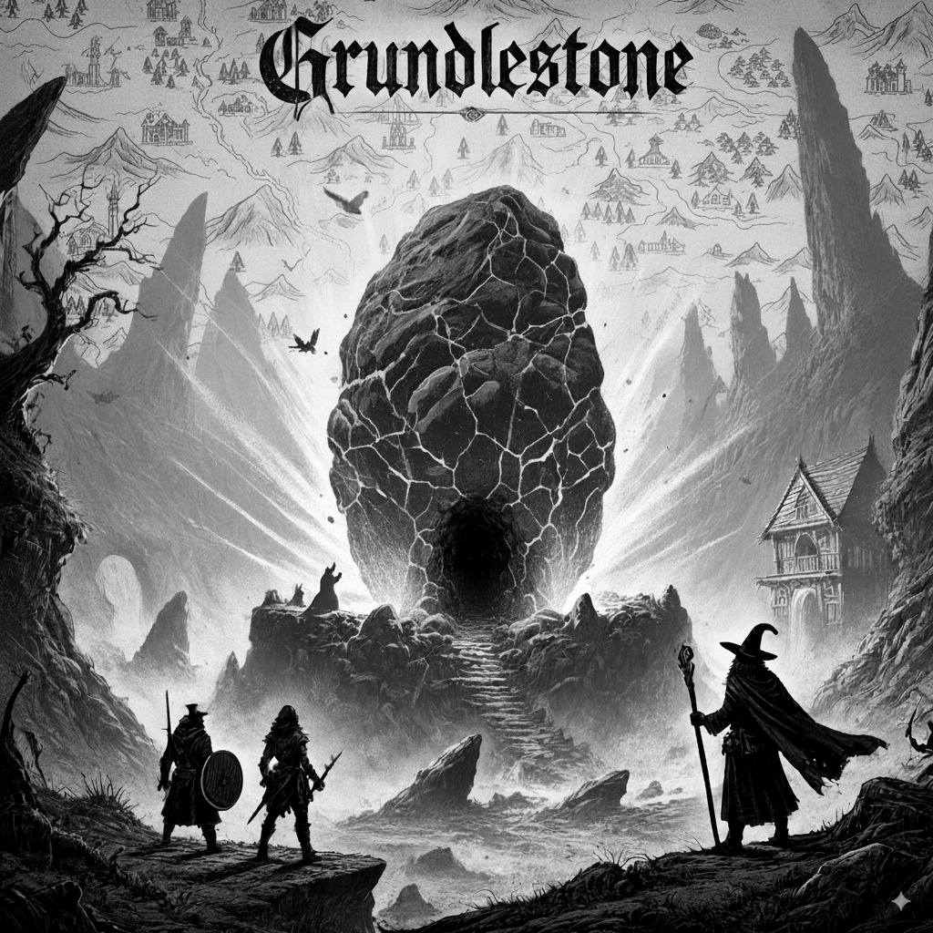Grundlestone key artwork: a monolithic stone surrounded by adventurers in a dramatic scene.